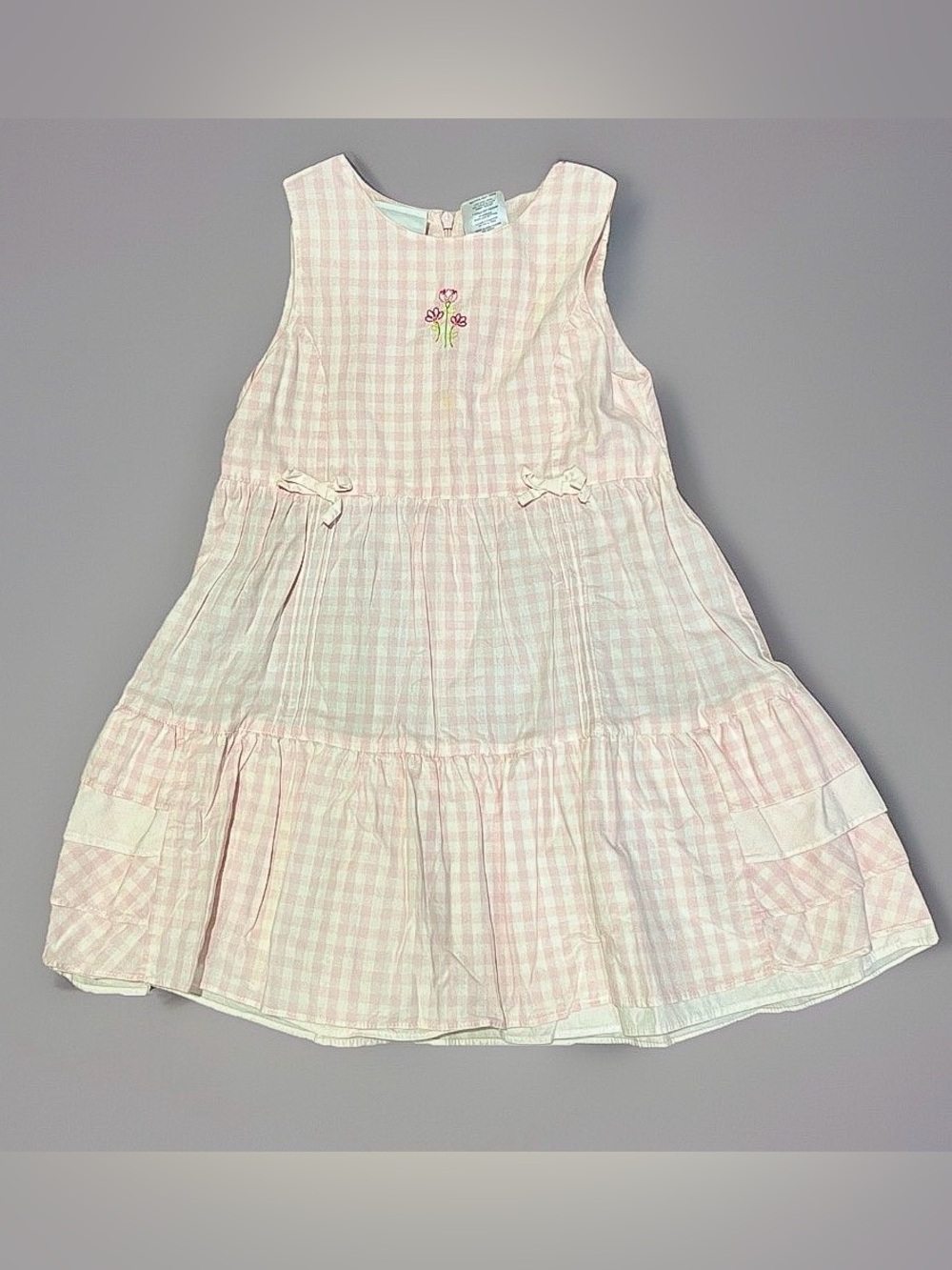 Vintage Toddler Dress Cottagecore Pink Checkered Plaid Embroidered Flowers